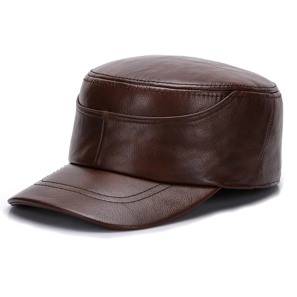 New Real Cow Leather Flat Cap Earflap Cap Men Real Leather Hats Fall Winter male 100% Genuine Real Cowhide Leather Military Caps