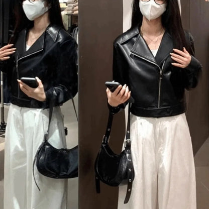 Classic Pleated Leather Jacket Women Korean Chic Outerwear Vintage PU Coats Lapel Collar Zipper Overcoat Autumn/Winter