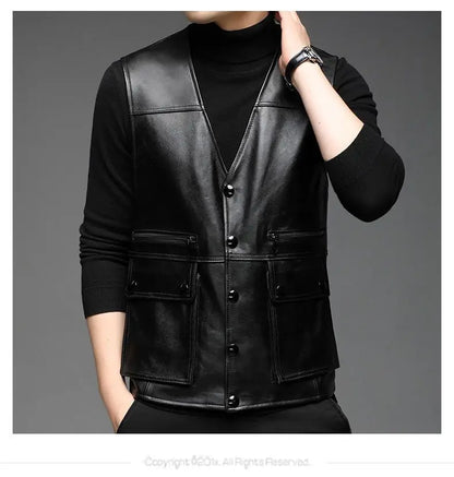 Genuine Leather Motorcycle Vest Mens sheepskin Leather Waistcoat biker sleeveless jacket clothing chaleco bullet proof club vest