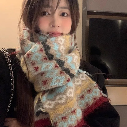 Women's Winter Scarf Sweet Style Warm Scarf Knitted Wool Scarf  Winter High End Retro Thickened Warm Woolen Scarf Fashion Scarf