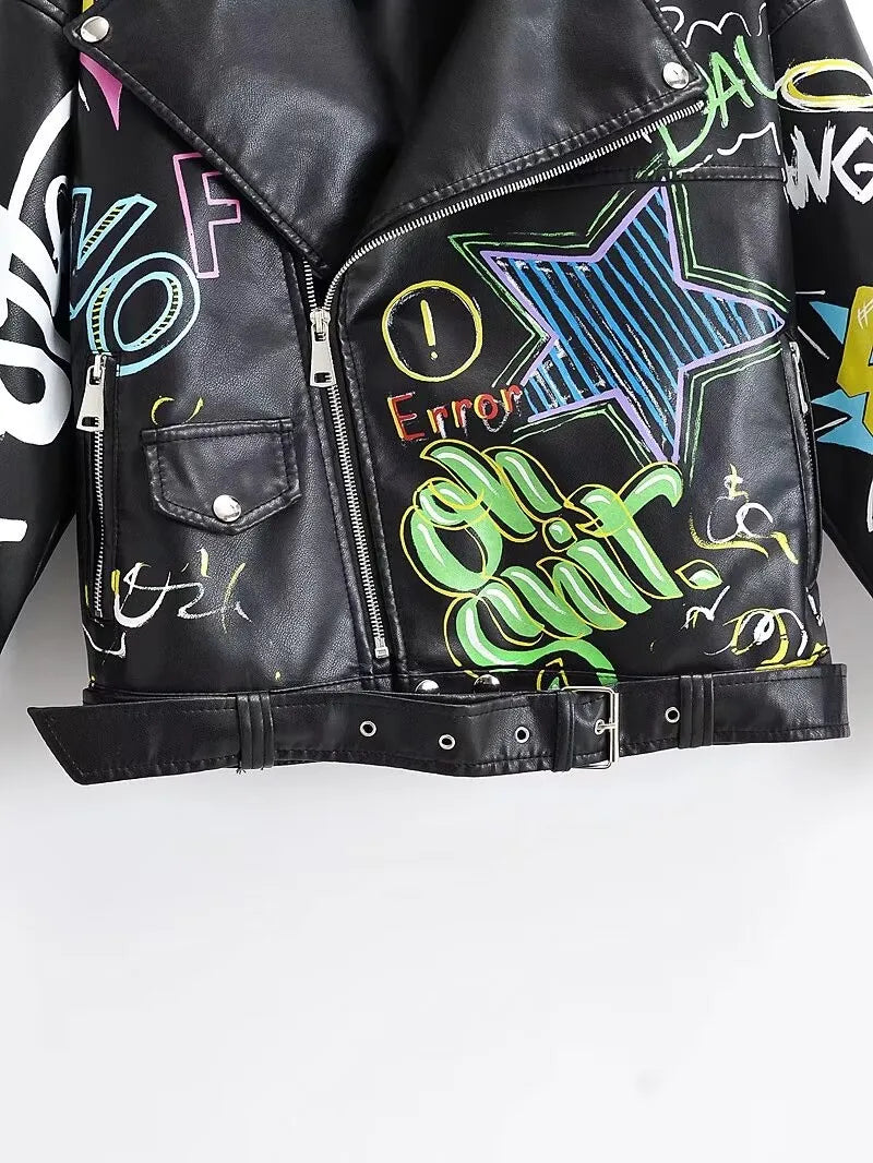 Fashion Brand Coat PU Leather Jacket Women Colorful Print Graffiti Soft Punk Coats Slim Locomotive Cropped Jacket Leather Top 1