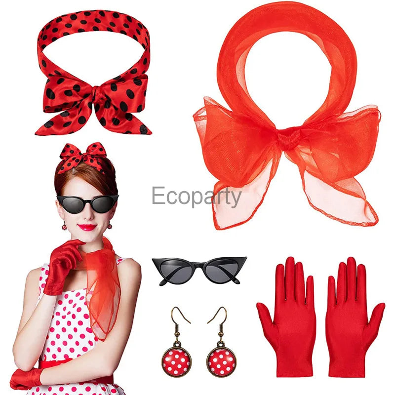1950's Costume Accessories For Women Retro Polka Dot Headband Necklace Chiffon Scarf Eyeglasses Earrings Set Girls Party Outfits