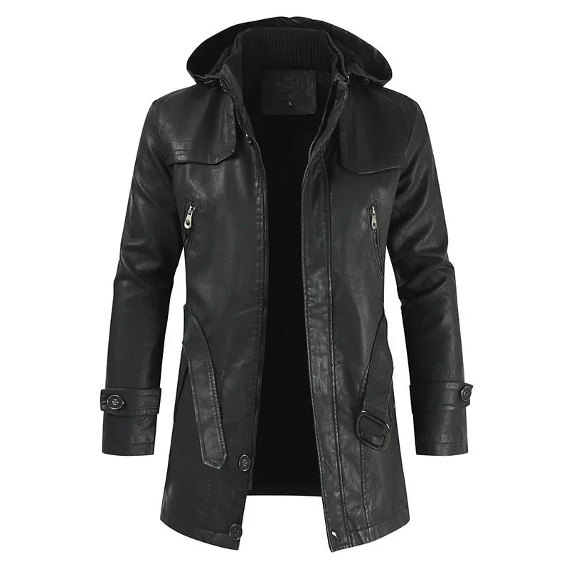 Winter Men's Leather Motorcycle Leather Korean Fashion Jacket Coat Windproof Clothes Men's Hooded Medium Long Windbreaker Coats