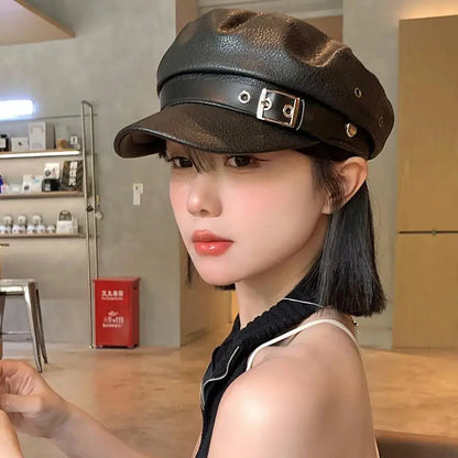 New Women's PU Leather Beret Hat Vintage England Flat Top Newsboy Caps Outdoor Casual Visor Black Artist Fashion Painter Hat