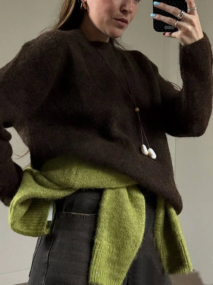 Women's Winter Sweater 2025 Warm Pullovers O Neck Knitwear Loose Knit Jumpers Basic Brown Sweaters For Women Winter Pink