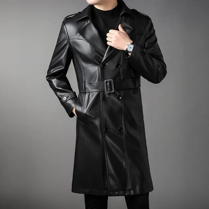 High Quality Knee-Length Men's Leather Overcoat for Autumn & Winter Double Breasted  Business Windbreaker Leather Coats PU-026