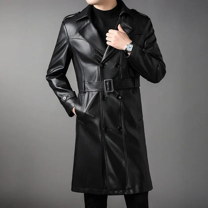 High Quality Knee-Length Men's Leather Overcoat for Autumn & Winter Double Breasted  Business Windbreaker Leather Coats PU-026