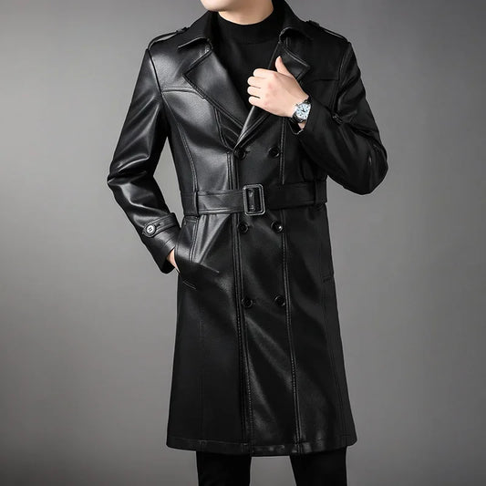 High Quality Knee-Length Men's Leather Overcoat for Autumn & Winter Double Breasted  Business Windbreaker Leather Coats PU-026