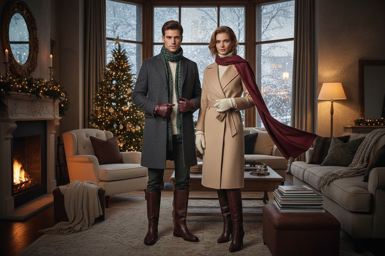 A festive winter fashion editorial scene for a luxury clothing brand during Christmas. A stylish male and female model wearing elegant cold-weather outfits including wool coats, knit sweaters, scarves, gloves, and leather boots in rich seasonal tones (cream, beige, deep green, burgundy, charcoal). The setting features a cozy yet refined winter atmosphere with soft warm lighting, subtle Christmas décor such as a minimal Christmas tree, warm fairy lights, and gentle snowfall outside a large window. The mood i