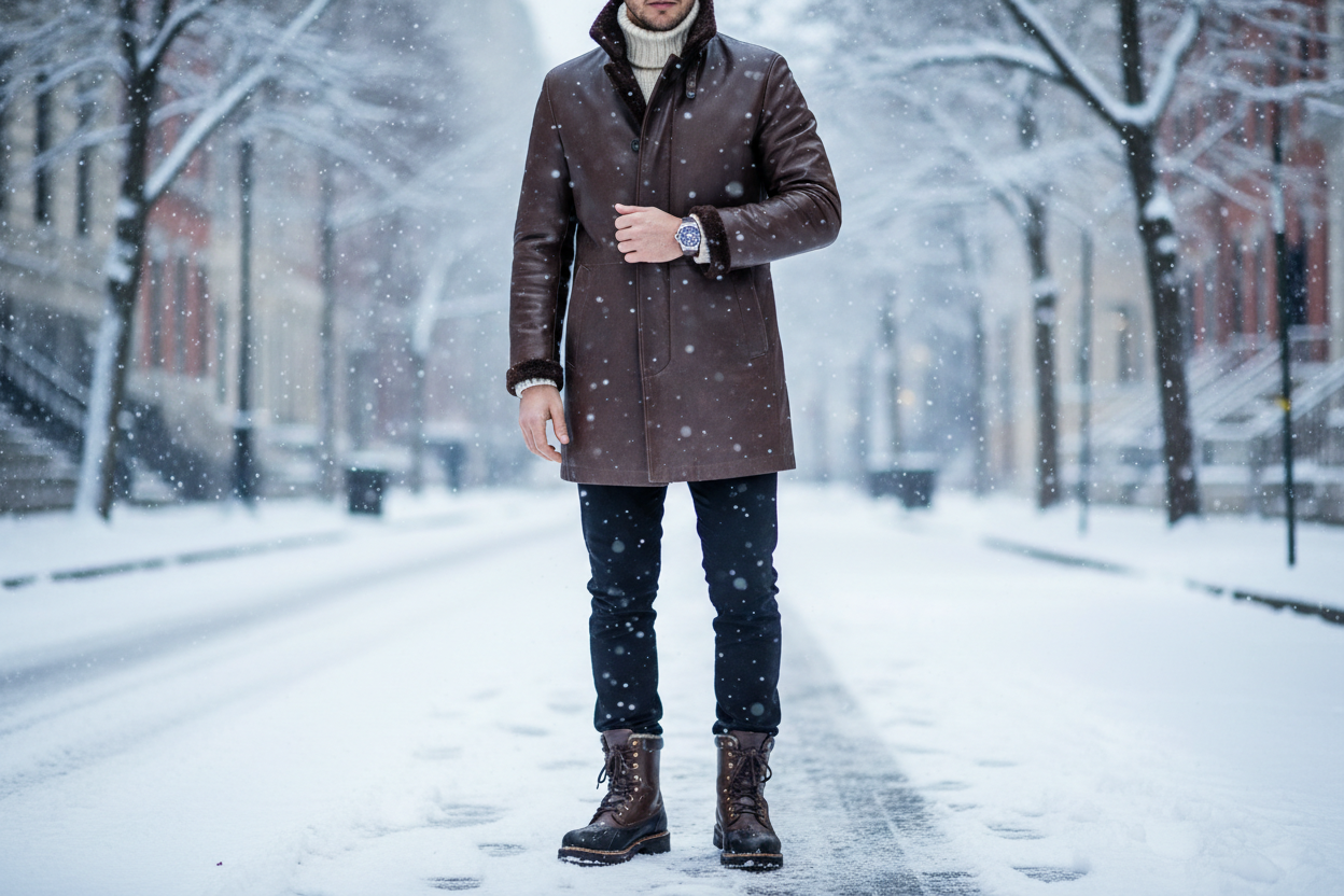 A man with a leather coat warm boots and a watch on a winter season