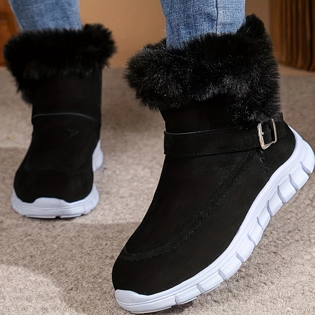 Boots| Women's Plush-Lined Mid-Calf Snow Boots - Black Suede Ankle Boots with Buckle Strap, Soft Fabric Lining & Non-Slip TPR Sole for Winter Warmth, Winter Boots