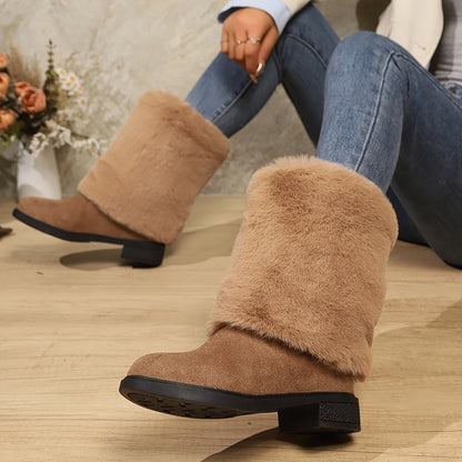 Women'S Plush Winter Boots - Soft Warm Slip-On Mid-Heel Round Toe with Plush & TPR Sole, All-Season Cozy BrownRedOrange - Slip-Resistant, Winter Boots, Seasonal Footwear, Comfortable Footwear
