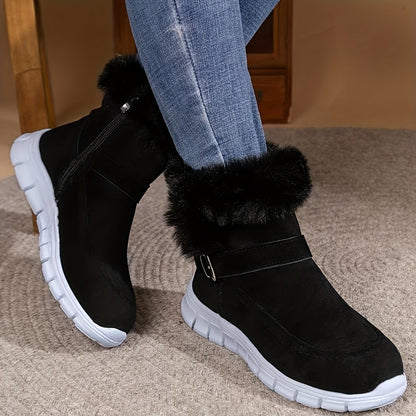 Boots| Women's Plush-Lined Mid-Calf Snow Boots - Black Suede Ankle Boots with Buckle Strap, Soft Fabric Lining & Non-Slip TPR Sole for Winter Warmth, Winter Boots