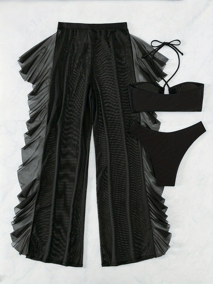 Pure Black Sexy Semi-Sheer Fashion Ruched Crisscross Strap Mesh Panty Bikini Set for Women