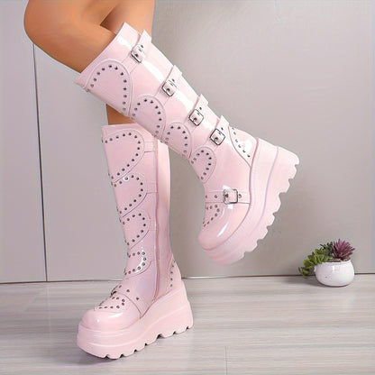 Women's Fashionable Winter Boots - Plush Lined, Thick Sole Wedge Heel, Knee-High with Side Zipper & Metal Buckle Detail, Lightweight Round Toe in Black or Pink