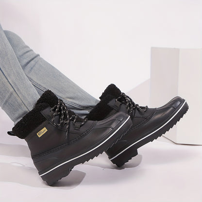 Women'S Winter Warm Snow Boots - PU Cover with Thick TPR Sole, Lace-Up Ankle Support & Plush Faux Lining, Black & Brown Design for Cold Weather Traction & Comfort, Winter Boots, Cold Weather Footwear, Sleek Boot Design, Durab