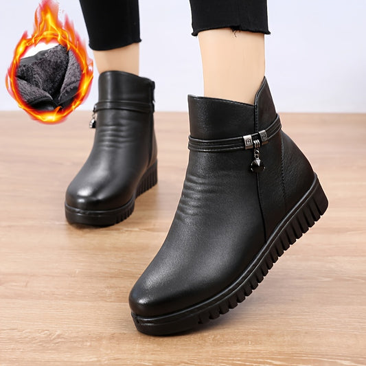 Cozy Fleece-Lined Women's Winter Boots - Waterproof, Non-Slip Sole with Side Zipper, Vintage Style in Solid Colors