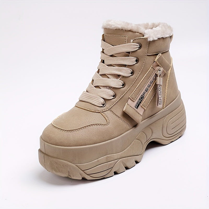 Women's Cozy Fleece-Lined High-Top Sneakers - Warm, Thick Sole, Lace-Up Winter Boots in Solid Color