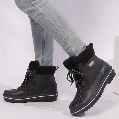 Women'S Winter Warm Snow Boots - PU Cover with Thick TPR Sole, Lace-Up Ankle Support & Plush Faux Lining, Black & Brown Design for Cold Weather Traction & Comfort, Winter Boots, Cold Weather Footwear, Sleek Boot Design, Durab