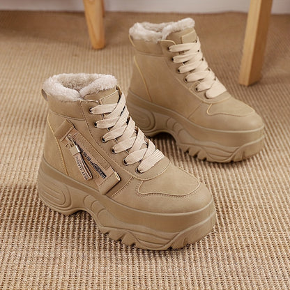 Women's Cozy Fleece-Lined High-Top Sneakers - Warm, Thick Sole, Lace-Up Winter Boots in Solid Color