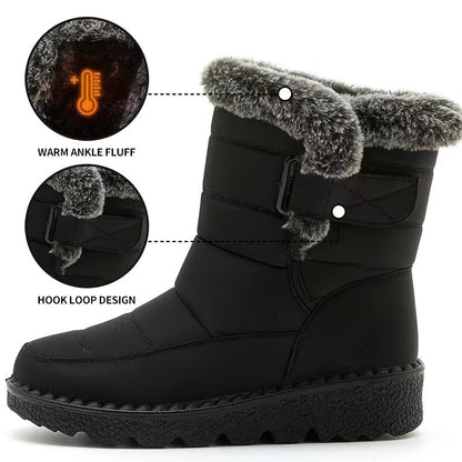 Mid-Calf Height Women's Winter Boots - Waterproof, Insulated, Thick Sole, Faux Fur Lined, Anti-Slip, Comfortable, Warm, Closed-Toe, Magic Tape Closure, Black