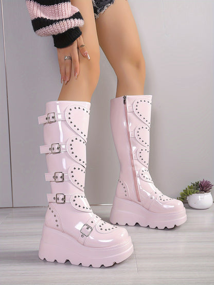Women's Fashionable Winter Boots - Plush Lined, Thick Sole Wedge Heel, Knee-High with Side Zipper & Metal Buckle Detail, Lightweight Round Toe in Black or Pink