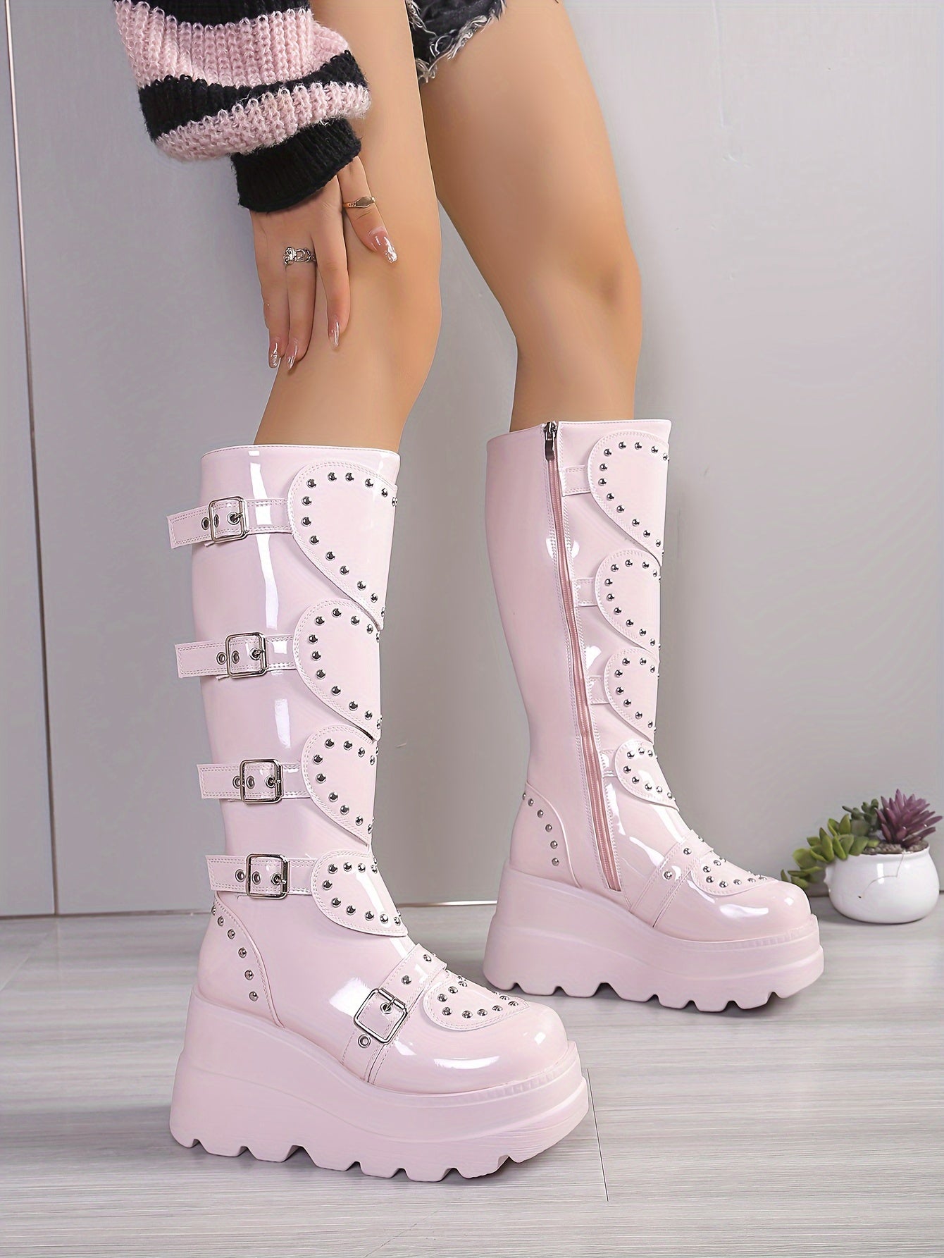 Women's Fashionable Winter Boots - Plush Lined, Thick Sole Wedge Heel, Knee-High with Side Zipper & Metal Buckle Detail, Lightweight Round Toe in Black or Pink