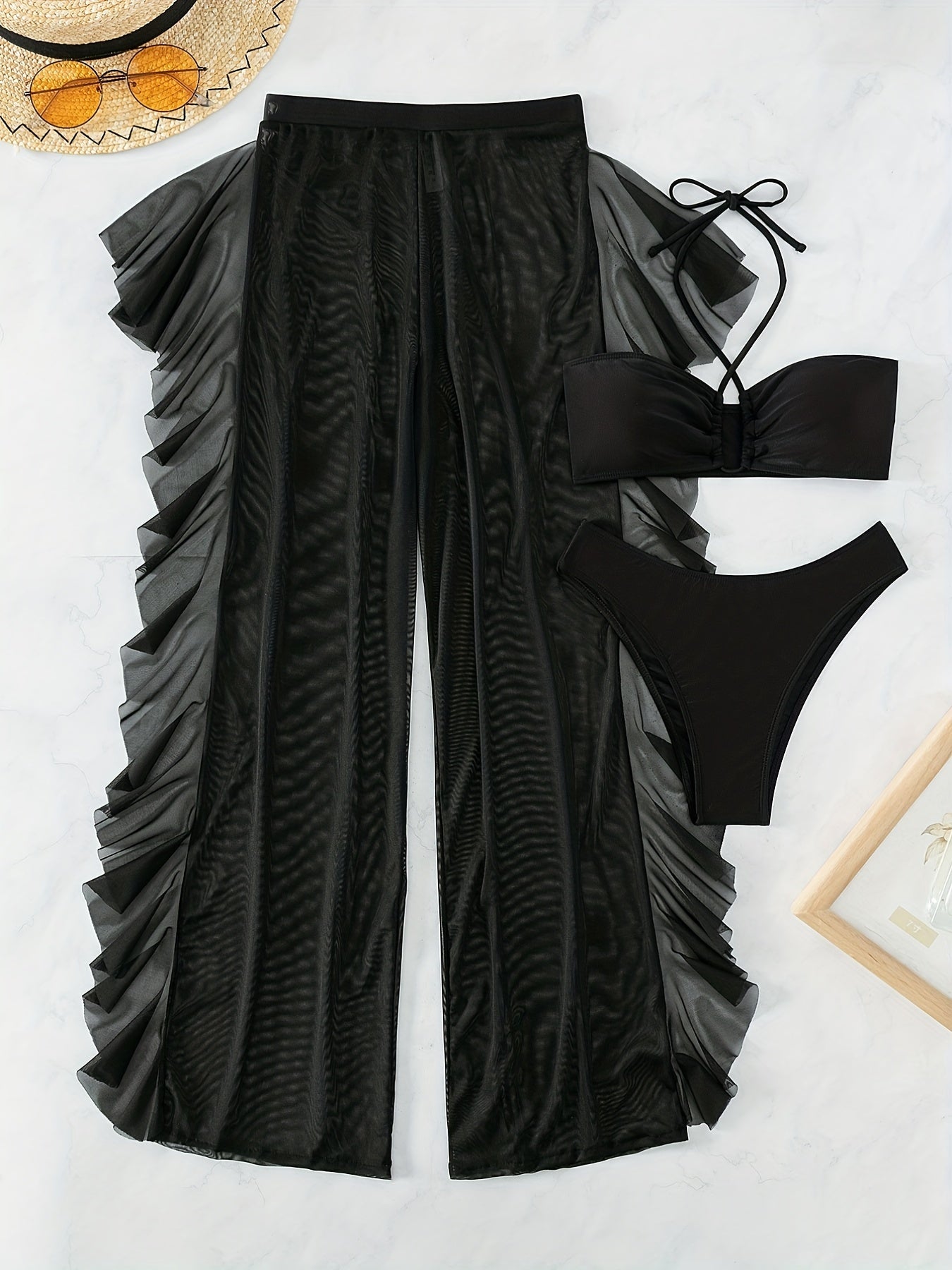 Pure Black Sexy Semi-Sheer Fashion Ruched Crisscross Strap Mesh Panty Bikini Set for Women