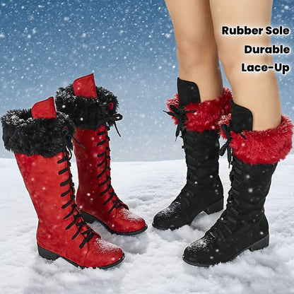 [Boots For Women] Warm Winter Footwear - Women's Winter Boots, Thick Platform Heel, Slip-Resistant Rubber Sole, Lace-Up Ankle Boots for Cold Weather, Motorcycle Riding, Everyday & Formal Events - Red/Black - Seasonal Fashion,