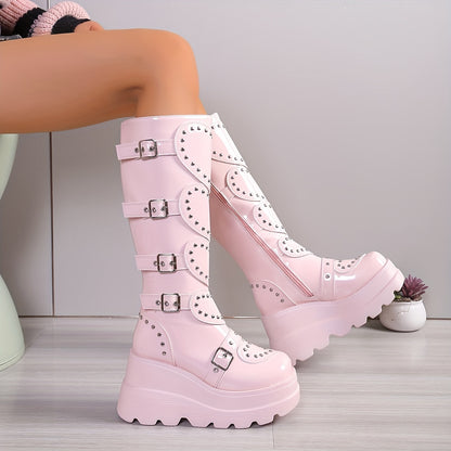 Women's Fashionable Winter Boots - Plush Lined, Thick Sole Wedge Heel, Knee-High with Side Zipper & Metal Buckle Detail, Lightweight Round Toe in Black or Pink