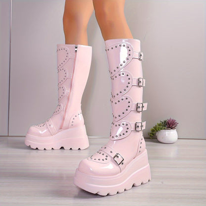 Women's Fashionable Winter Boots - Plush Lined, Thick Sole Wedge Heel, Knee-High with Side Zipper & Metal Buckle Detail, Lightweight Round Toe in Black or Pink