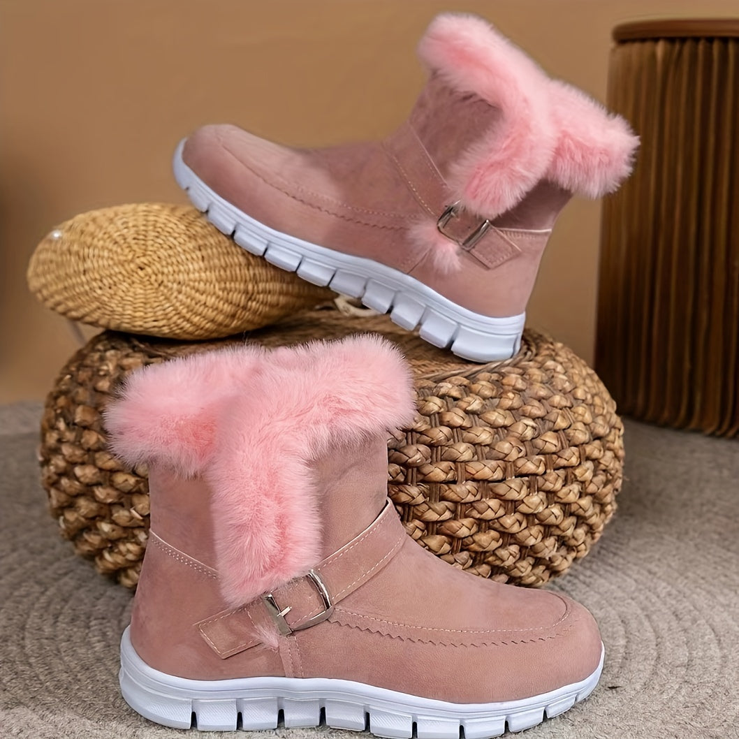 Boots| Women's Plush-Lined Mid-Calf Snow Boots - Black Suede Ankle Boots with Buckle Strap, Soft Fabric Lining & Non-Slip TPR Sole for Winter Warmth, Winter Boots