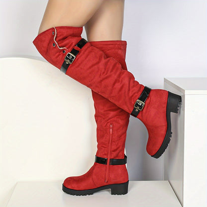 Women's Over-the-Knee Suede Western Boots, Classic Buckle Design, Thick Heel, Winter Boots, Fall/Winter 2024, Pull-on, Round Toe, Shearling Lined