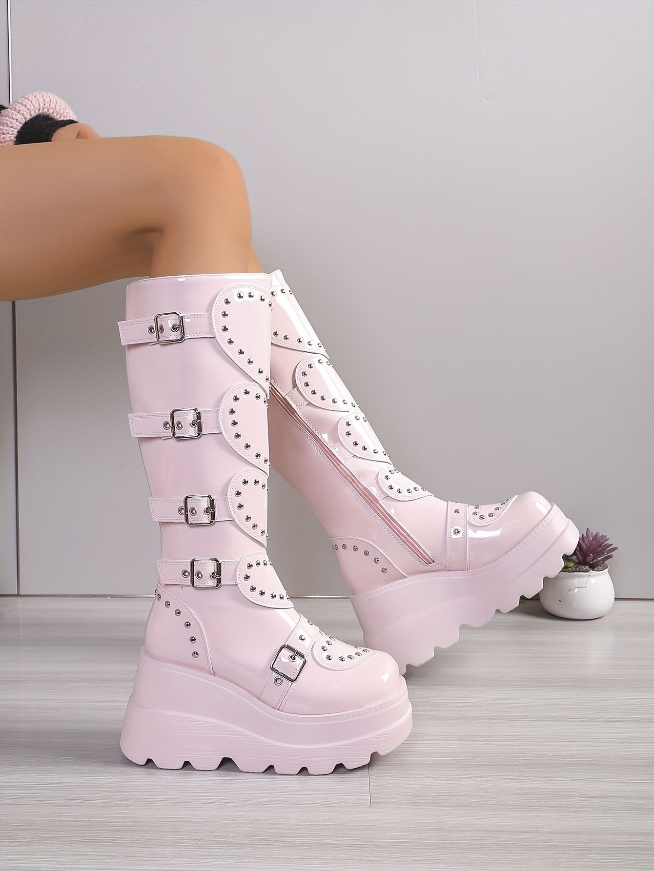 Women's Fashionable Winter Boots - Plush Lined, Thick Sole Wedge Heel, Knee-High with Side Zipper & Metal Buckle Detail, Lightweight Round Toe in Black or Pink