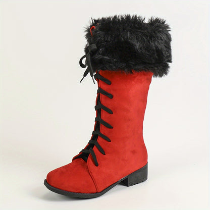 [Boots For Women] Warm Winter Footwear - Women's Winter Boots, Thick Platform Heel, Slip-Resistant Rubber Sole, Lace-Up Ankle Boots for Cold Weather, Motorcycle Riding, Everyday & Formal Events - Red/Black - Seasonal Fashion,