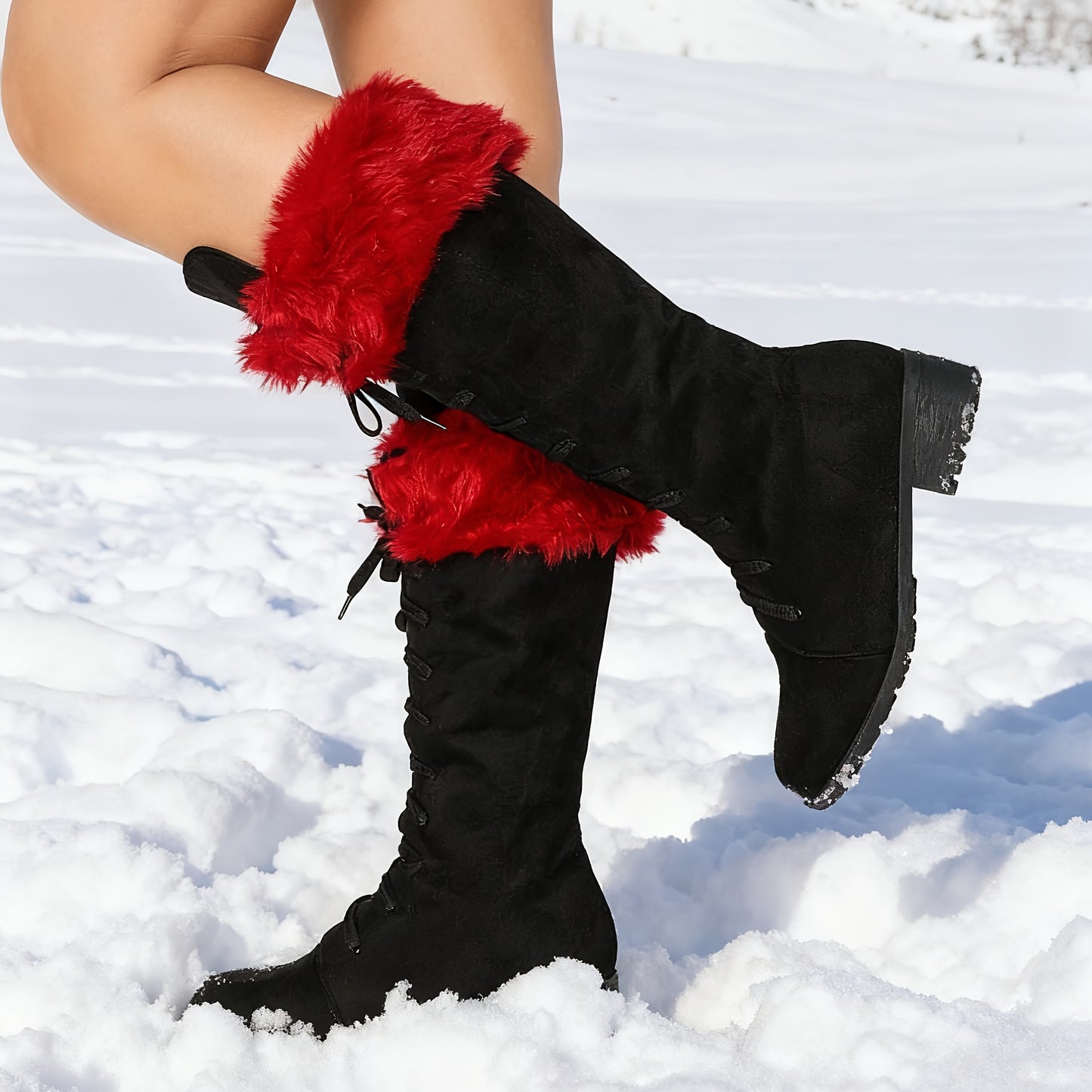 [Boots For Women] Warm Winter Footwear - Women's Winter Boots, Thick Platform Heel, Slip-Resistant Rubber Sole, Lace-Up Ankle Boots for Cold Weather, Motorcycle Riding, Everyday & Formal Events - Red/Black - Seasonal Fashion,