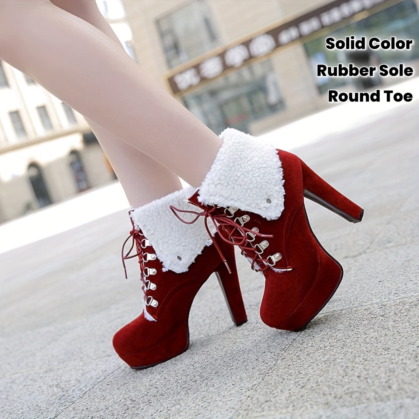 [Lined Ankle Boots] Women'S Sexy faux fur Lined Ankle Boots, Round Toe Block Heel High Heels, All-Season Riding Boots with Lace-Up Closure, Solid Color Fabric Upper, Rubber Sole, Warm Fleece-Lined for Winter Boots