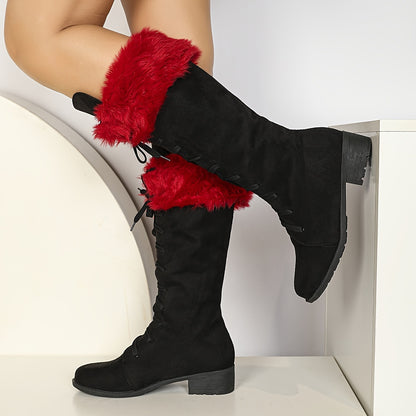 [Boots For Women] Warm Winter Footwear - Women's Winter Boots, Thick Platform Heel, Slip-Resistant Rubber Sole, Lace-Up Ankle Boots for Cold Weather, Motorcycle Riding, Everyday & Formal Events - Red/Black - Seasonal Fashion,