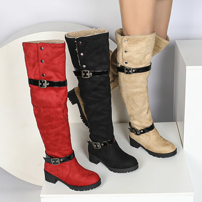 Women's Over-the-Knee Suede Western Boots, Classic Buckle Design, Thick Heel, Winter Boots, Fall/Winter 2024, Pull-on, Round Toe, Shearling Lined