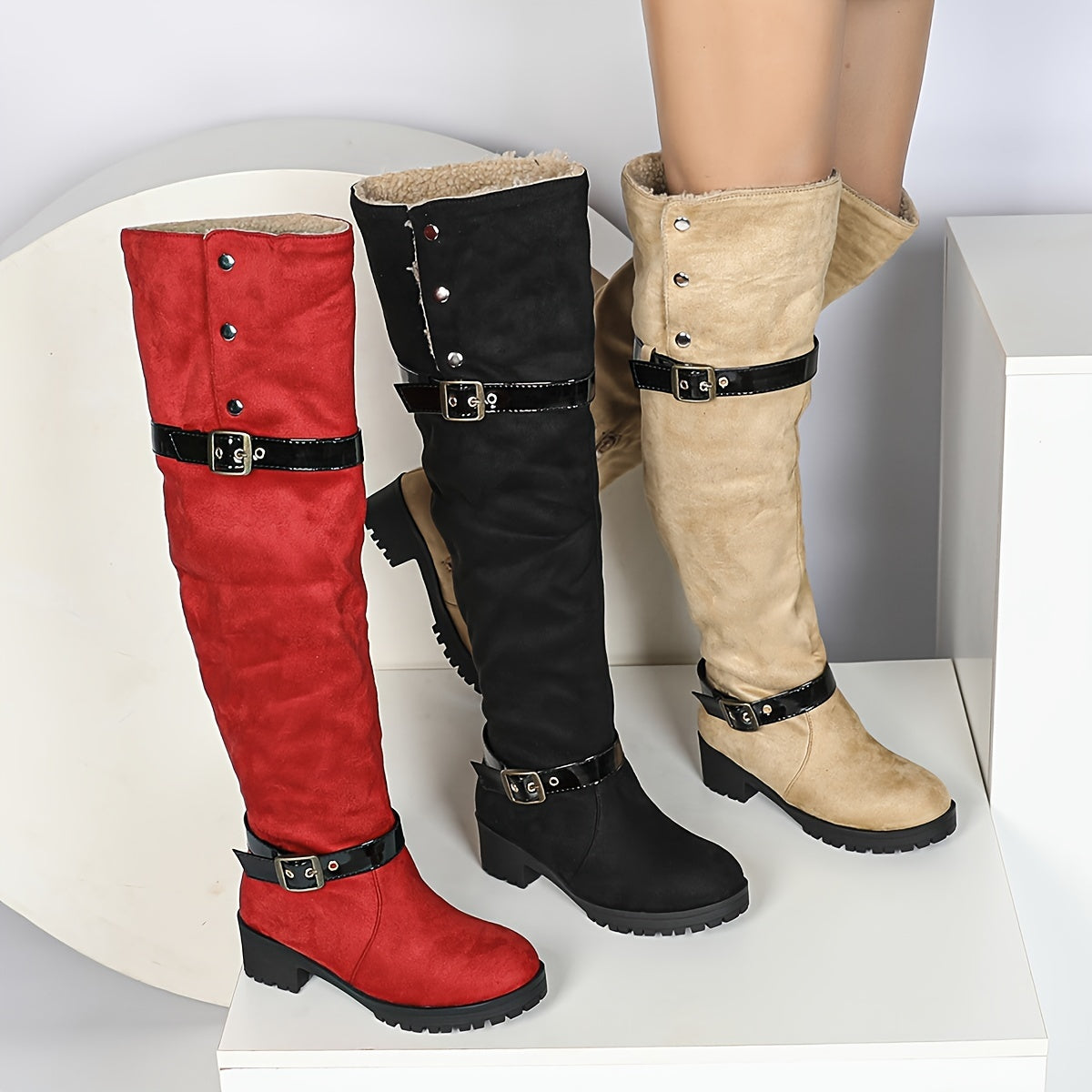 Women's Over-the-Knee Suede Western Boots, Classic Buckle Design, Thick Heel, Winter Boots, Fall/Winter 2024, Pull-on, Round Toe, Shearling Lined