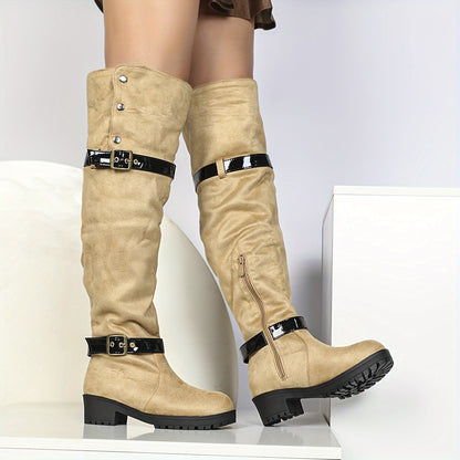 Women's Over-the-Knee Suede Western Boots, Classic Buckle Design, Thick Heel, Winter Boots, Fall/Winter 2024, Pull-on, Round Toe, Shearling Lined