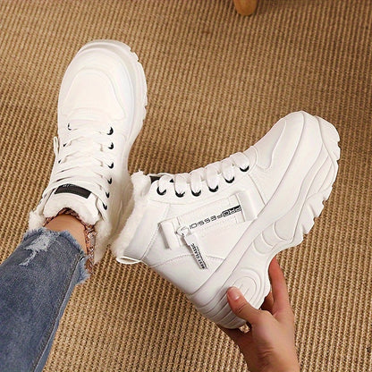 Women's Cozy Fleece-Lined High-Top Sneakers - Warm, Thick Sole, Lace-Up Winter Boots in Solid Color