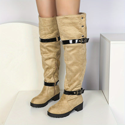 Women's Over-the-Knee Suede Western Boots, Classic Buckle Design, Thick Heel, Winter Boots, Fall/Winter 2024, Pull-on, Round Toe, Shearling Lined