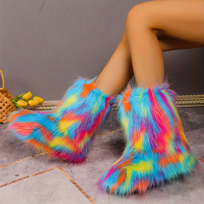 Chic Faux Fox Fur Winter Snow Boots for Women - Cozy Slip-On, Flat Heel, Round Toe with Soft Velvet Lining, Winter Boots