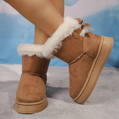 Cozy Faux Fur Bowknot Over-the-Knee Winter Boots - Ankle & Bootie - Thick Heel, Warm, Fluffy, and Chic Design for Cold Weather - Perfect for Outdoor Activities