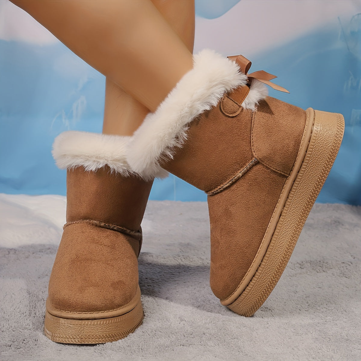 Cozy Faux Fur Bowknot Over-the-Knee Winter Boots - Ankle & Bootie - Thick Heel, Warm, Fluffy, and Chic Design for Cold Weather - Perfect for Outdoor Activities