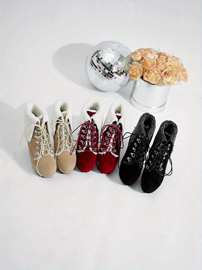 [Lined Ankle Boots] Women'S Sexy faux fur Lined Ankle Boots, Round Toe Block Heel High Heels, All-Season Riding Boots with Lace-Up Closure, Solid Color Fabric Upper, Rubber Sole, Warm Fleece-Lined for Winter Boots