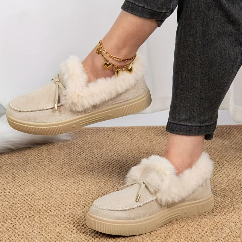 1PC Fleece Lined Snow Boots for Women, Short Flat and Warm Winter Boots with Smooth Color Laces