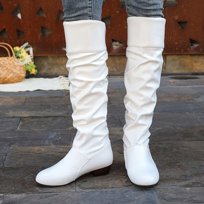 Stylish Women's Slouchy Boots - Pull-On, Chunky Heel, Round Toe, High Knee, Solid Color, Winter Boots - Comfortable, Trendy, and Warm