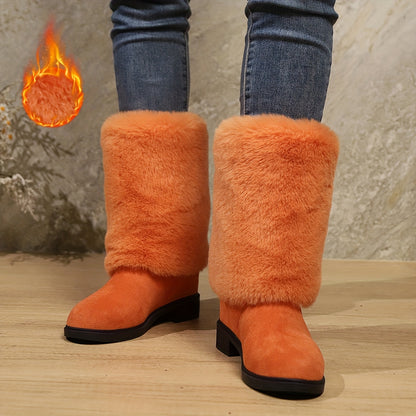 Women'S Plush Winter Boots - Soft Warm Slip-On Mid-Heel Round Toe with Plush & TPR Sole, All-Season Cozy BrownRedOrange - Slip-Resistant, Winter Boots, Seasonal Footwear, Comfortable Footwear